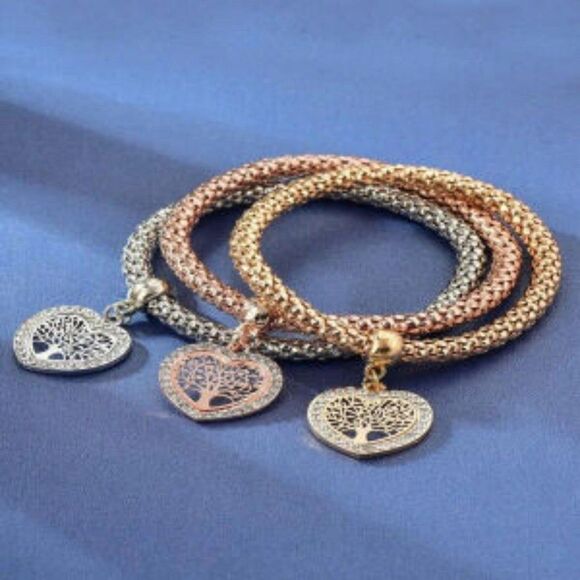 Crystal Charm Multilayer Bracelets-3pcs Gold Silver Rose Tree of life Bracelet - Picture 2 of 2
